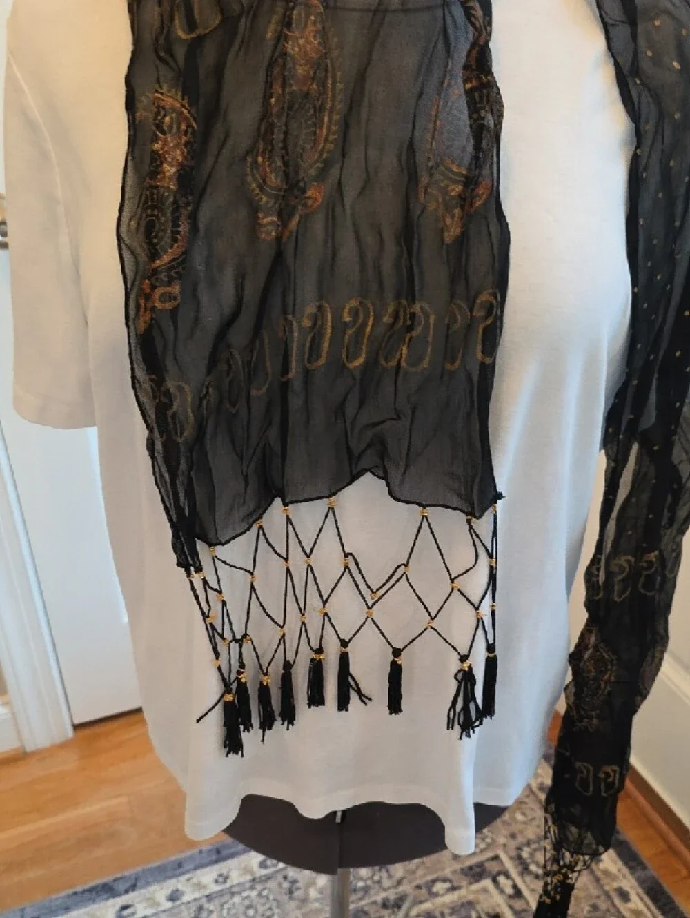 Black Polka Dot Fringe Scarf with Gold Accent - Unbranded
